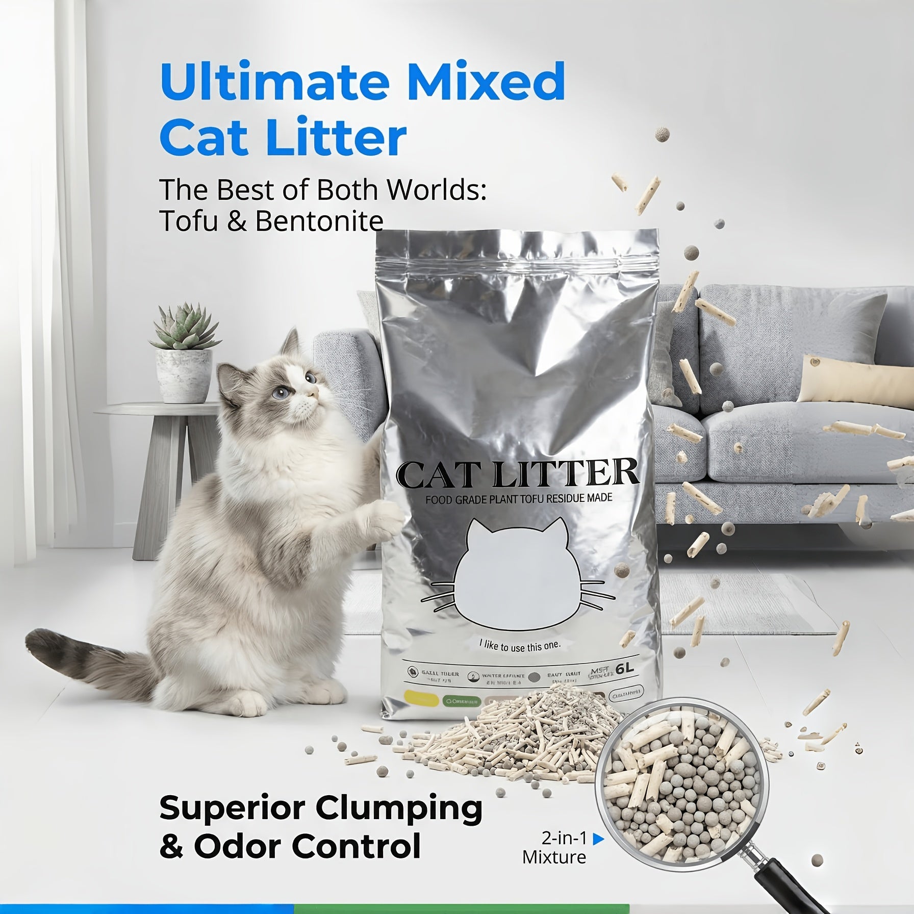 18Lb Mixed Tofu & Bentonite Cat Litter - Can Be Flushed, Has a Fresh Fragrance, Clumps Quickly, Produces Low Dust, Controls Odors, Perfect for Automatic Litter Boxes, Smart Litter Trays, And Homes with Multiple Cats