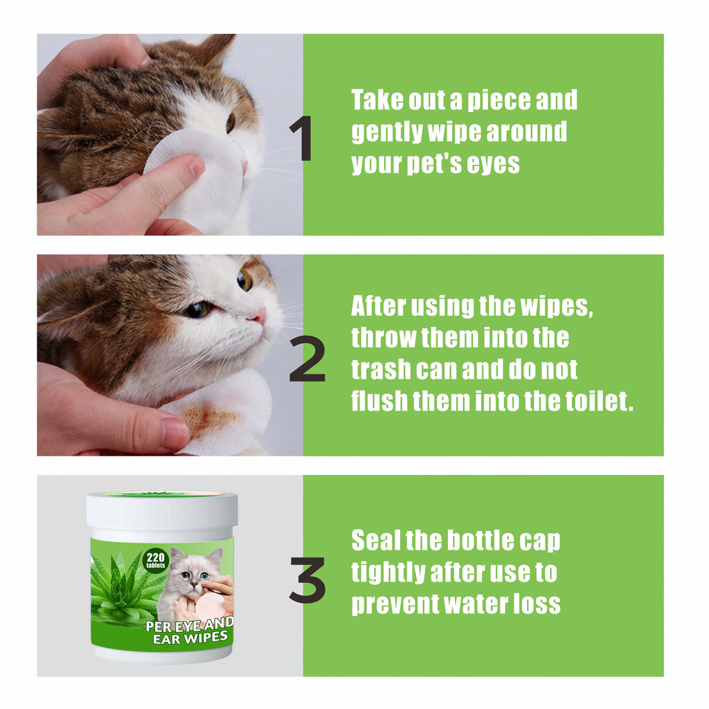 1box (220Tablets)\u002F2boxs (440Tablets) Aloe Vera Pet Eye Wipes Suitable for Dogs & Cats - Hypoallergenic Fragrance-Free Gentle Tear Stain Remover & Ear Cleanser, Soothing Wipes for Sensitive Eyes, for Puppy\u002FKitten Grooming (Non-Irritating)