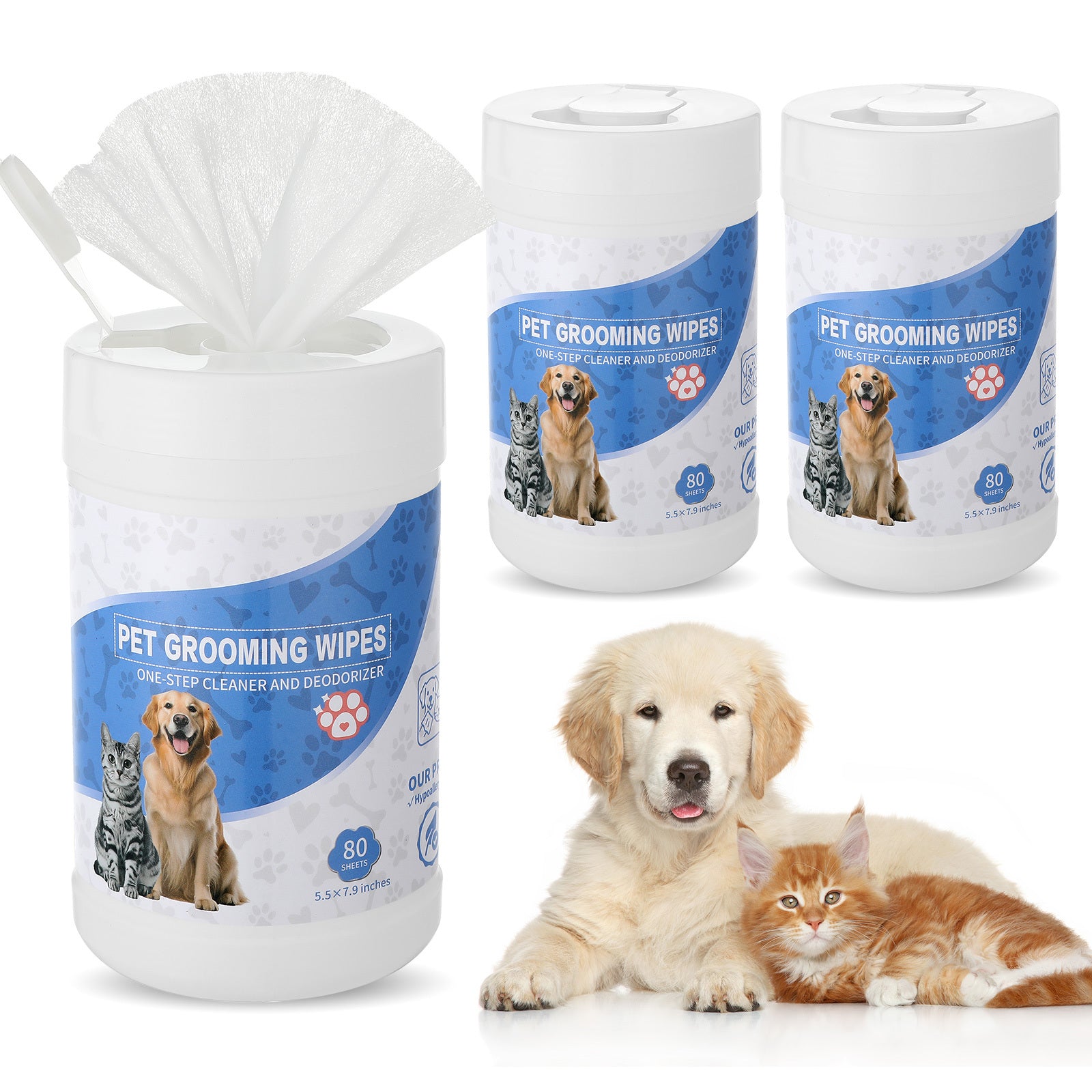 3 Pack 240 Count Pet Grooming Wipes for Dogs and Cats Pet Wipes Jar Bottle Deodorizing Cleansing and Unscented Large Non Woven for Paws Faces Skin Folds Bums