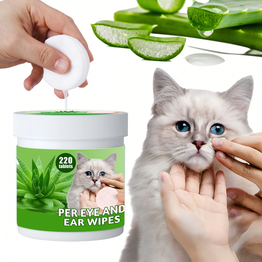 1box (220Tablets)\u002F2boxs (440Tablets) Aloe Vera Pet Eye Wipes Suitable for Dogs & Cats - Hypoallergenic Fragrance-Free Gentle Tear Stain Remover & Ear Cleanser, Soothing Wipes for Sensitive Eyes, for Puppy\u002FKitten Grooming (Non-Irritating)