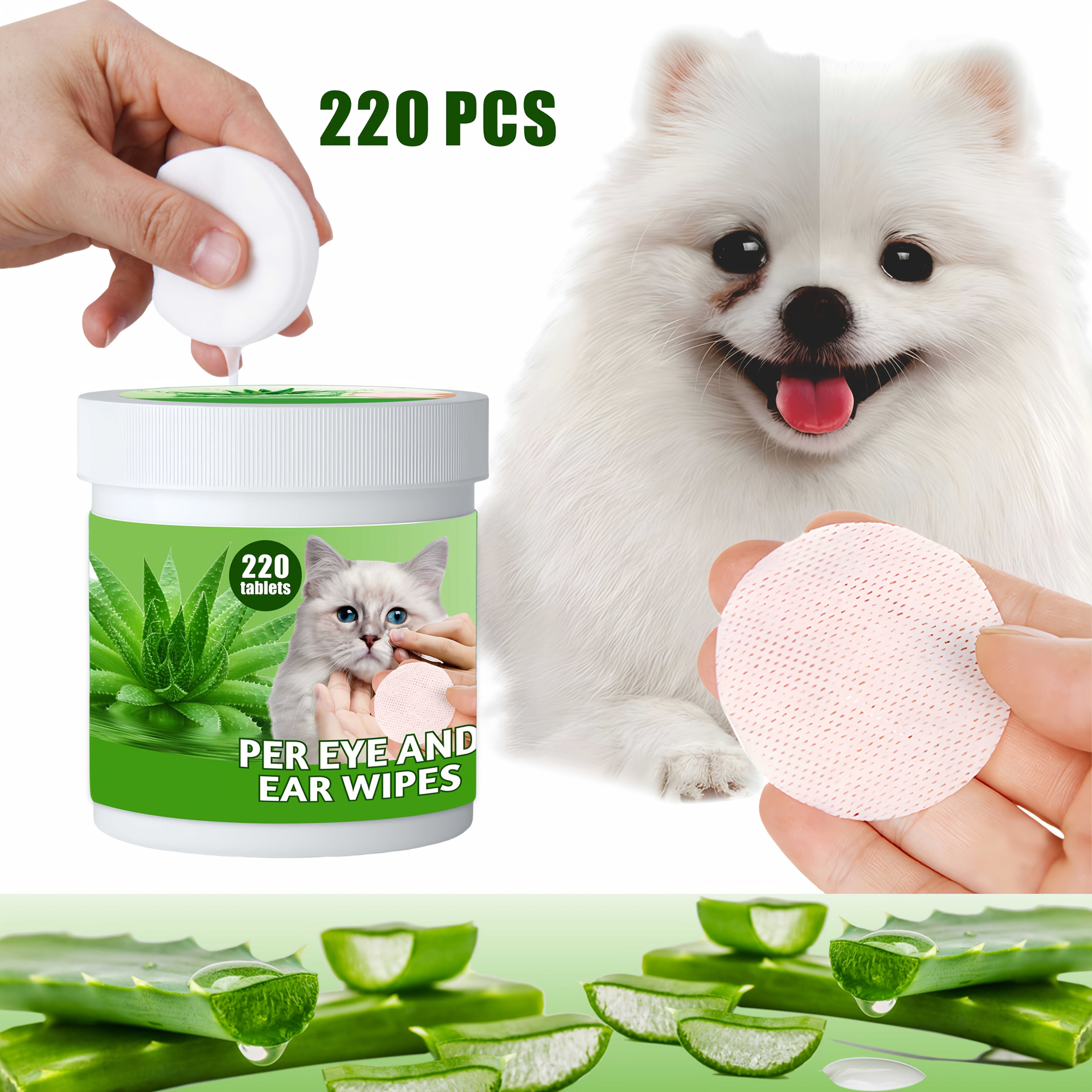 1box (220Tablets)\u002F2boxs (440Tablets) Aloe Vera Pet Eye Wipes Suitable for Dogs & Cats - Hypoallergenic Fragrance-Free Gentle Tear Stain Remover & Ear Cleanser, Soothing Wipes for Sensitive Eyes, for Puppy\u002FKitten Grooming (Non-Irritating)